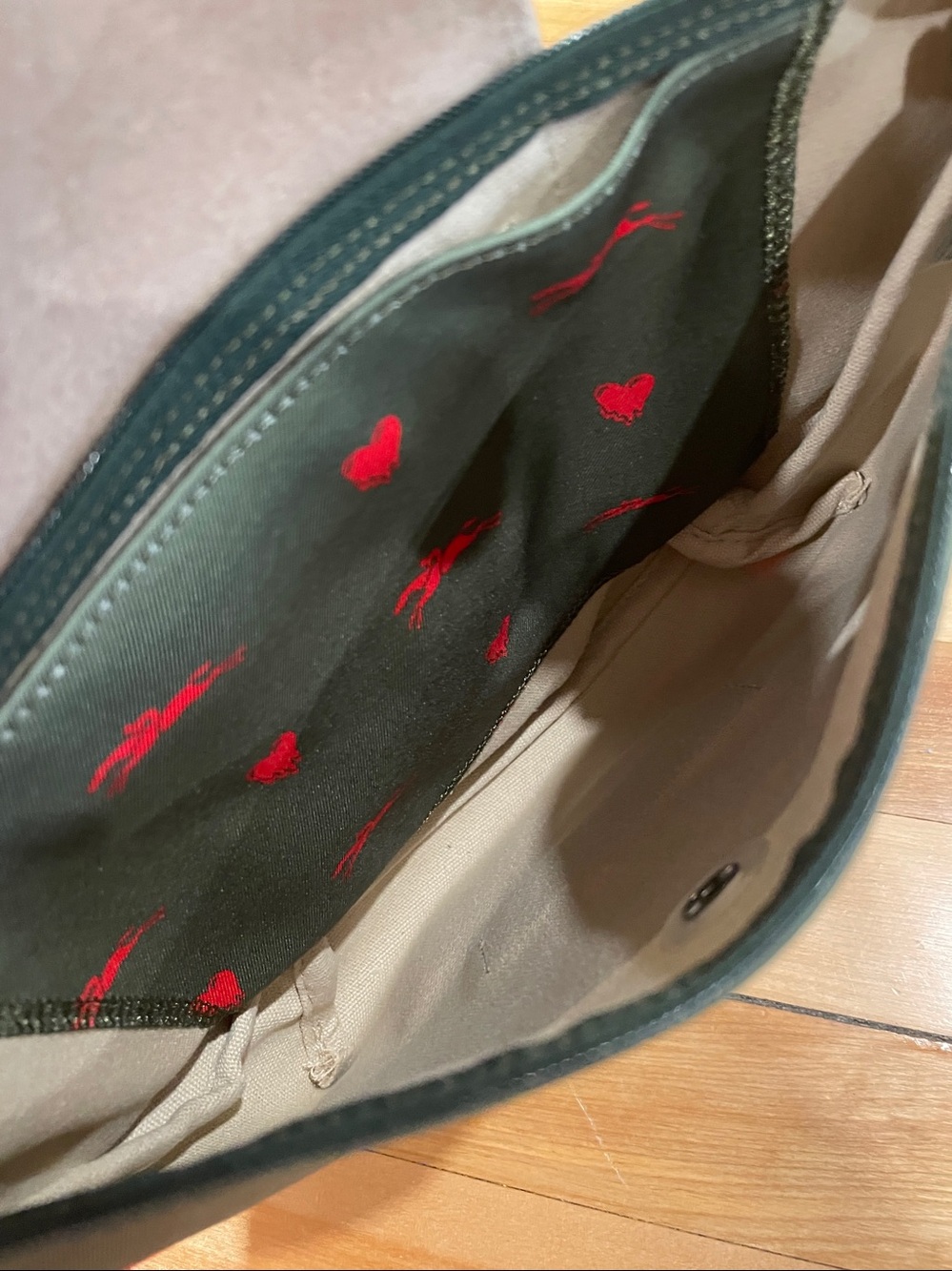 Longchamp Green Nylon Mini Backpack with Red Heart Print and Tan Flap - Picture 8 of 10